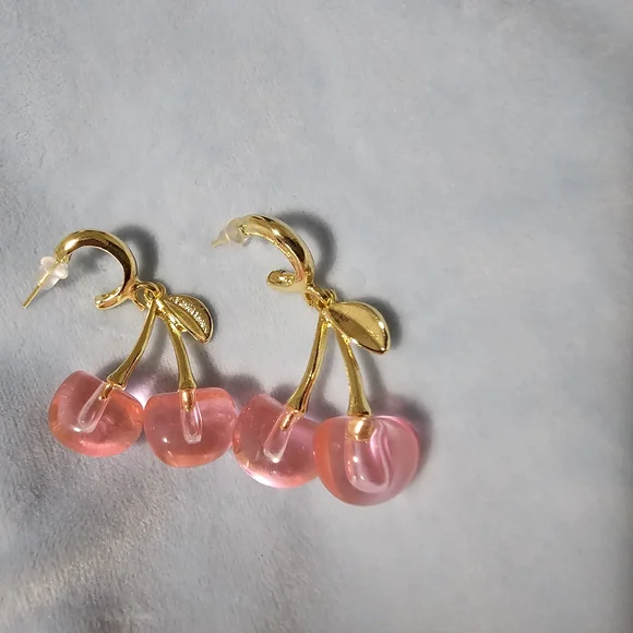 Pink and Gold Cherry Earrings - Picture 4 of 6